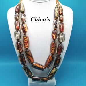 Chico's Animal Print Large Bead Necklace, Clear Lucite, 2 Suede Strands, 28 Inch